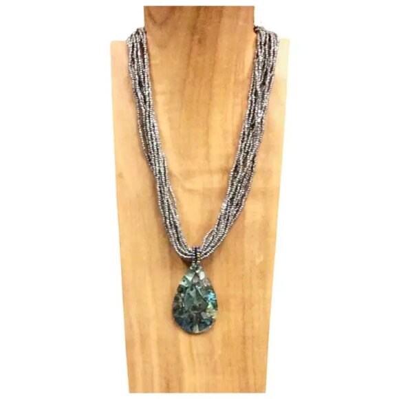 Abalone Teardrop Shell Necklace Beaded - Silver - Picture 1 of 3